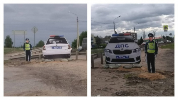 Картонные полицейский и патрульная &laquo;Skoda&raquo; &laquo;дежурят&raquo; вблизи школы в Липецком районе